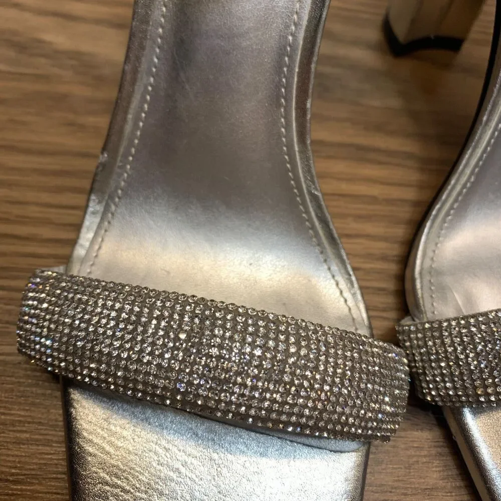 Marc Fisher Women Angelo Heeled Sandals Size 7M Silver Leather Party Embellished